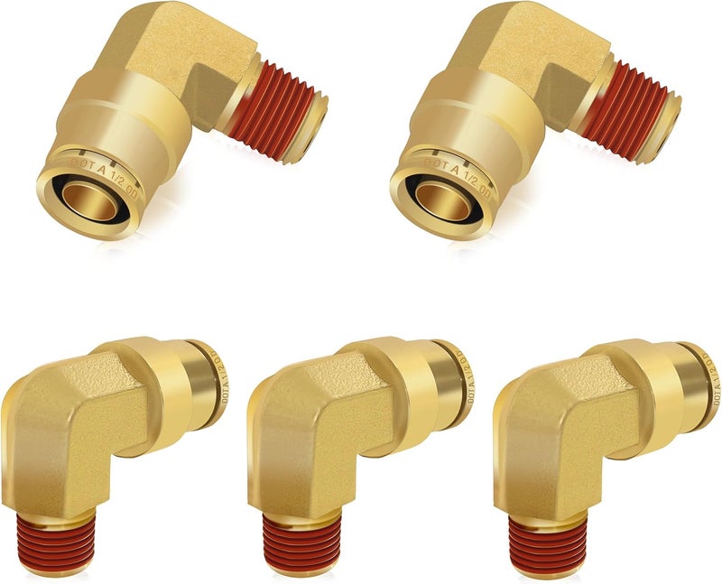 Siptenk 1/2" Elbow DOT Brass Push to Connect Air Line Fittings 5 PCS, 1/2" OD Tube x 1/4" NPT Thread Air Brake Line Quick Connect Fittings for Truck Trailers Industry Air System - Image 1